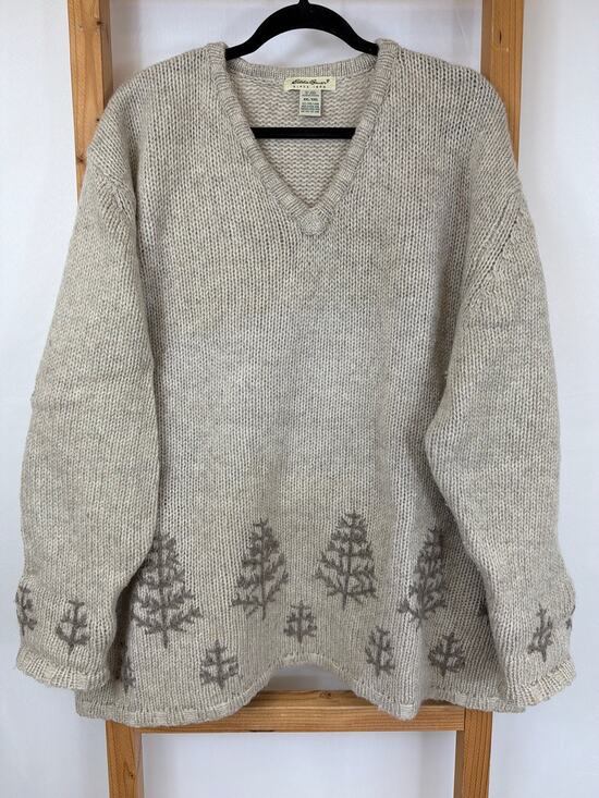 Eddie Bauer Sweaters - Vintage Eddie Bauer Cream Tree Pattern Wool Sweater Size XXL